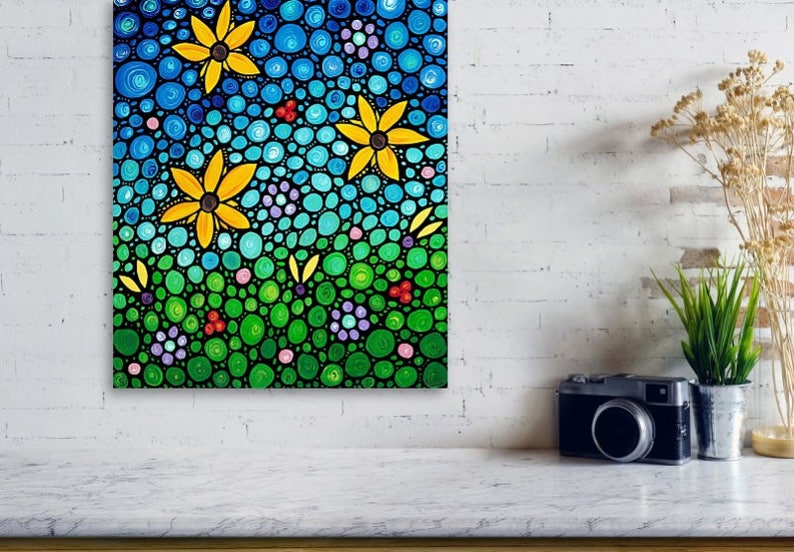 Colorful blue and green mosaic landscape with yellow sunflowers fine art prints.  Offered as daisy flower wall decor, garden furnishings and floral accents.