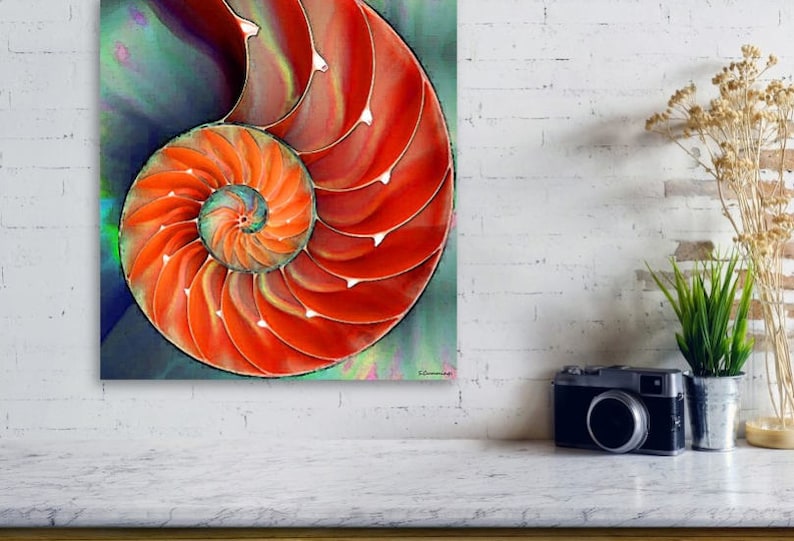 Nautilus Shell Art Print from Painting Colorful Red Beach Ocean Sea Shells CANVAS Ready To Hang Large Orange Natural Green Aqua Elegant Art image 4