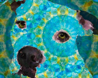 Colorful Pit Bull Dog Art PRINT Mandala Pets Dogs Animals Lover Bullies Pitties CANVAS Large Cute Bully Artwork Color Blue Aqua Yellow Green