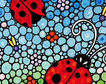 Ladybug Art PRINT frm Painting Colorful Mosaic Ladybugs Bug Red Lady Bugs Floral Flowers CANVAS Garden Spring Artwork Fun Whimsical Happy