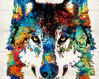 Colorful Gray Wolf Animal Art PRINT from Painting Primary Colors Wolves Abstract CANVAS Farmhouse Rainbow Artwork Big Rustic Wildlife Nature