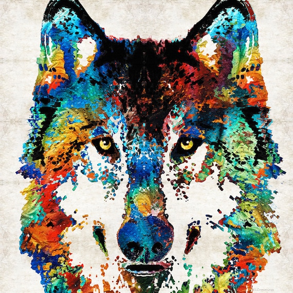 Colorful Wolf Animal Art Print From Painting Primary Colors