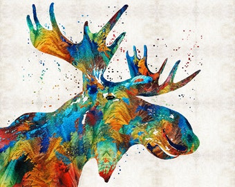 Colorful Moose Animal Art PRINT from Painting Big Game Animals Antlers Rainbow CANVAS Red Farmhouse Decor Large Artwork Jewel Colors Primary