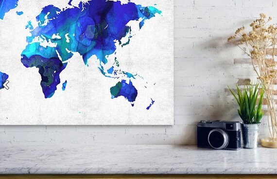 Carte Du Monde Art Print De La Peinture Blanche Bleu Aqua Gris Voyage Terre Cartes Abstrait Toile Coloré Prêt à Accrocher Une Oeuvre Moderne Grand