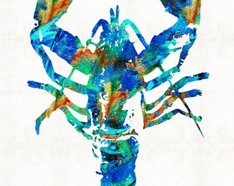 Colorful Lobster Art Print Painting Maine Seafood Beach House Animals Nature CANVAS Tropical Coastal Artwork Primary Colors Blue Lobsters