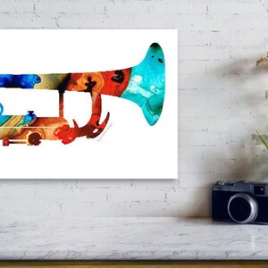 Colorful primary colors music trumpet fine art prints.  Offered as brass musical wall decor, musician studio furnishings and classical trumpets gift accents.