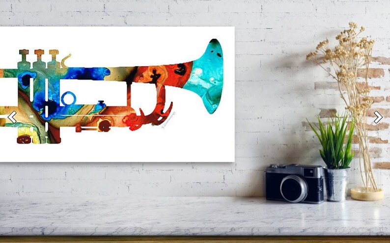 Colorful primary colors music trumpet fine art prints.  Offered as brass musical wall decor, musician studio furnishings and classical trumpets gift accents.