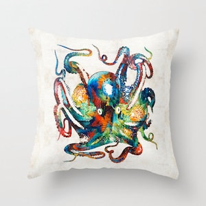 Decorative Throw Pillow Colorful Octopus Art COVER Sea Animal Ocean Home Sofa Bed Decor Artsy Beachy Beach House Coastal Living Room Bedroom