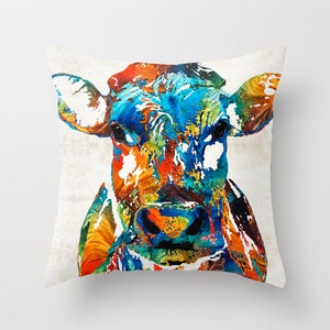 Throw Pillow COVER Colorful Cow Art Design Home Pillows Sofa Decor Dairy Cattle Jersey Living Room Bedroom Farm Animal Cute Bovine Farmhouse