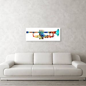 Colorful primary colors music trumpet fine art prints.  Offered as brass musical wall decor, musician studio furnishings and classical trumpets gift accents.