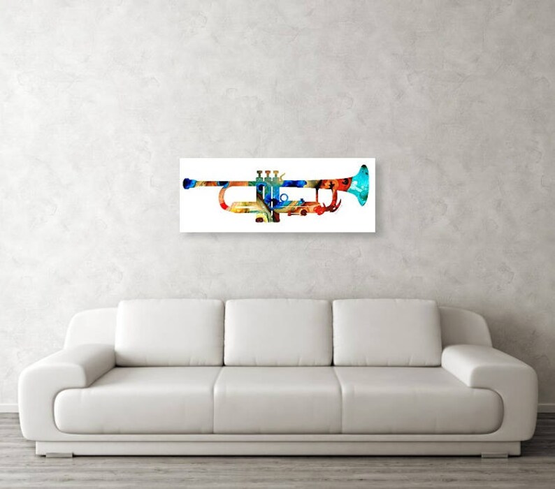 Colorful primary colors music trumpet fine art prints.  Offered as brass musical wall decor, musician studio furnishings and classical trumpets gift accents.