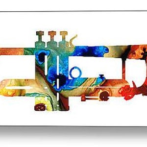 Colorful primary colors music trumpet fine art prints.  Offered as brass musical wall decor, musician studio furnishings and classical trumpets gift accents.