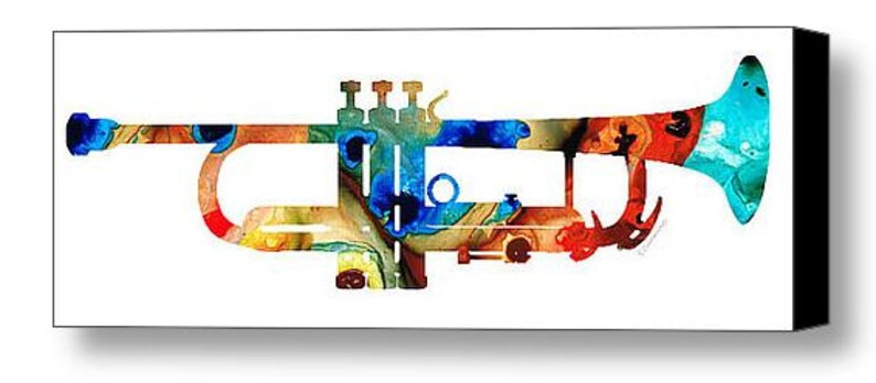 Colorful primary colors music trumpet fine art prints.  Offered as brass musical wall decor, musician studio furnishings and classical trumpets gift accents.