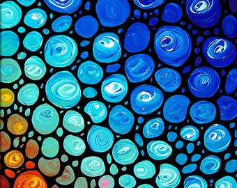 Colorful Abstract Art PRINT from Painting Blue Red Orange Aqua CANVAS Mosaics Primary Colors Jewel Tone Artwork Mosaic Stained Glass Look