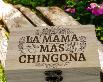 La Mama Mas Chingona Shot Glass Set, Engraved Durable Glass in Wooden Box