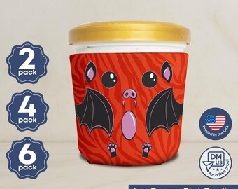 Kawaii Bat Ice Cream Pint Coolie | Red Halloween Dessert Sleeve