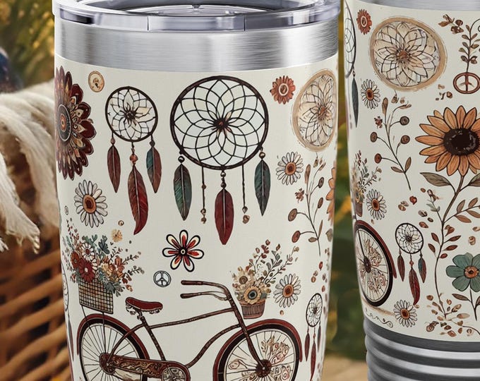 Boho Dreamcatcher Tumbler – Floral Stainless Steel Travel Mug