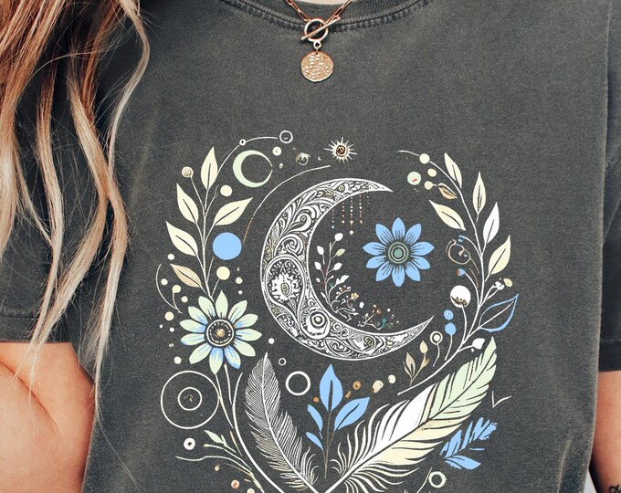 Moon Phase Boho T-Shirt – Vintage Celestial Floral Tee