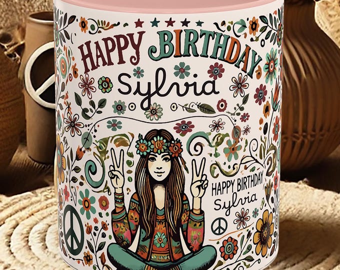 Personalized Birthday Mug – Hippie Peace Sign Coffee Cup, Custom Name Boho Gift