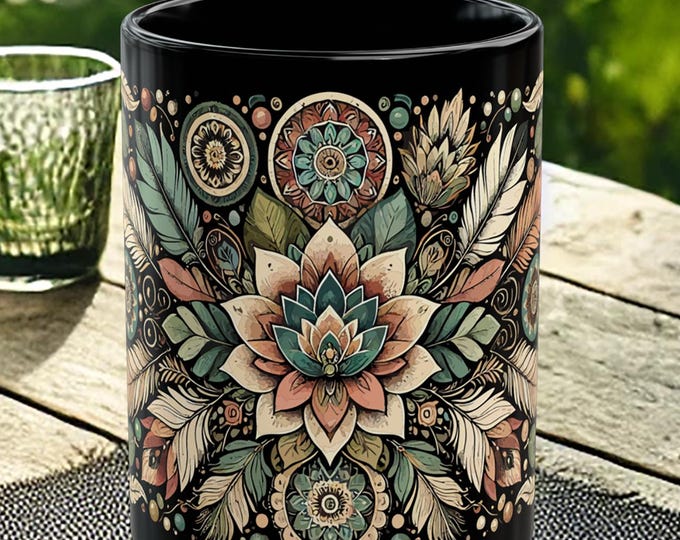 Bohemian Floral Black Mug – Mandala Ceramic Cup for Home Decor