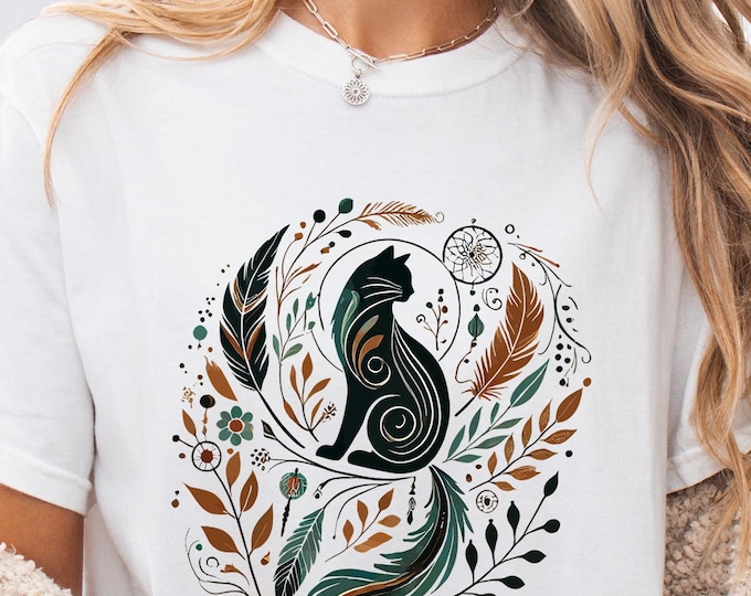 Boho Cat T-Shirt – Floral Nature Graphic Tee