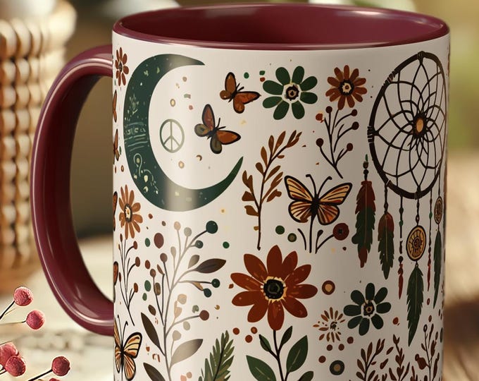 Dreamcatcher Moon Mug – Boho Floral Coffee Cup with Nature Design