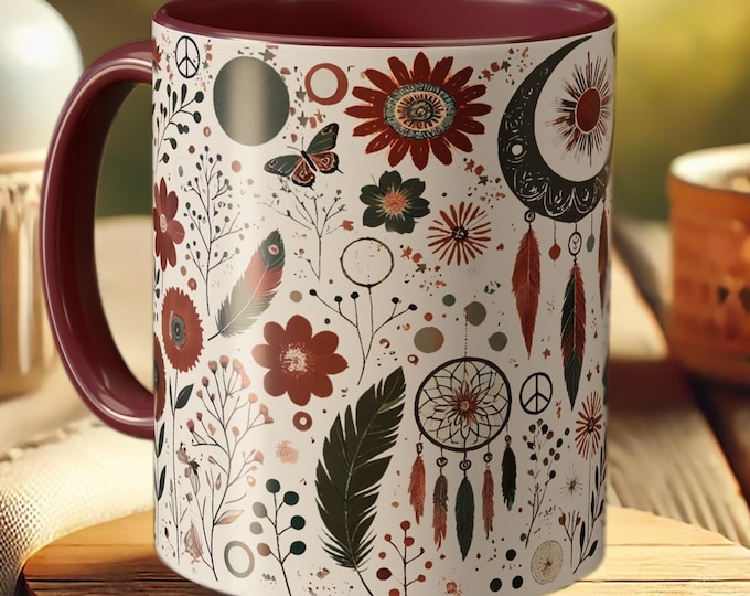 Boho Dreamcatcher Mug – Floral Feather Coffee Cup with Nature Art