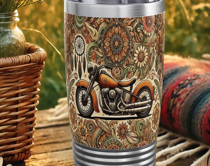 Biker Mom Tumbler – Boho Motorcycle Travel Mug with Floral Mandala Art