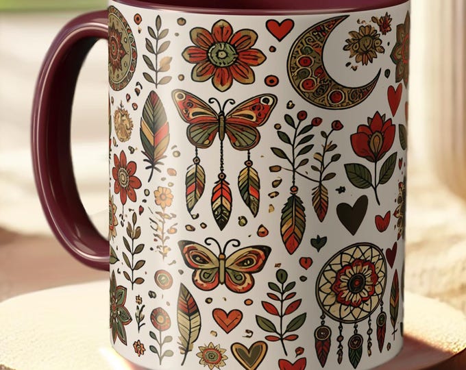 Boho Butterfly Mug – Decorative Floral Mandala Coffee Cup