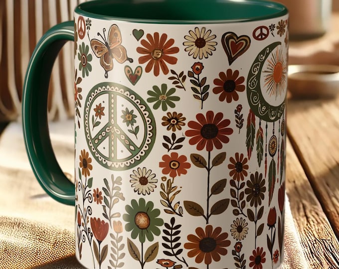 Boho Peace Sign Mug – Floral Coffee Cup with Nature Art