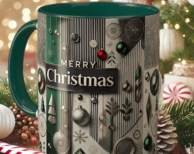 Green Christmas Mug – Vintage Ornament Holiday Coffee Cup, Festive Drinkware Gift