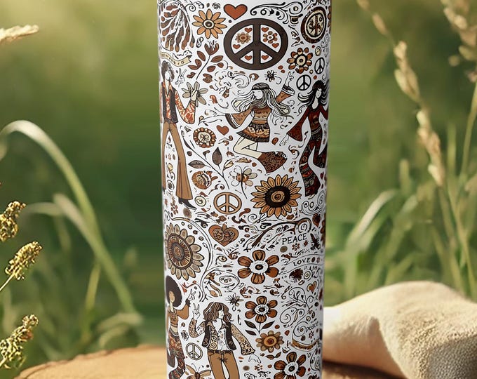 Boho Peace Floral Tumbler – 70s Inspired Stainless Steel Travel Cup
