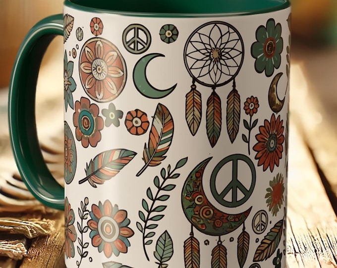 Peace Sign Dreamcatcher Coffee Mug – Boho Floral Cup with Hippie Art