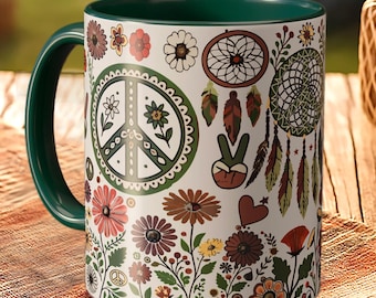 Peace Sign Dreamcatcher Mug – Boho Floral Coffee Cup in Hippie Style