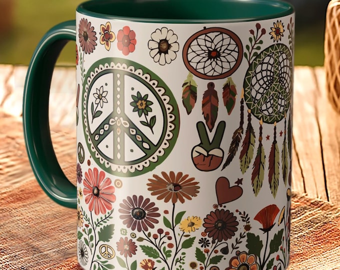Peace Sign Dreamcatcher Mug – Boho Floral Coffee Cup in Hippie Style