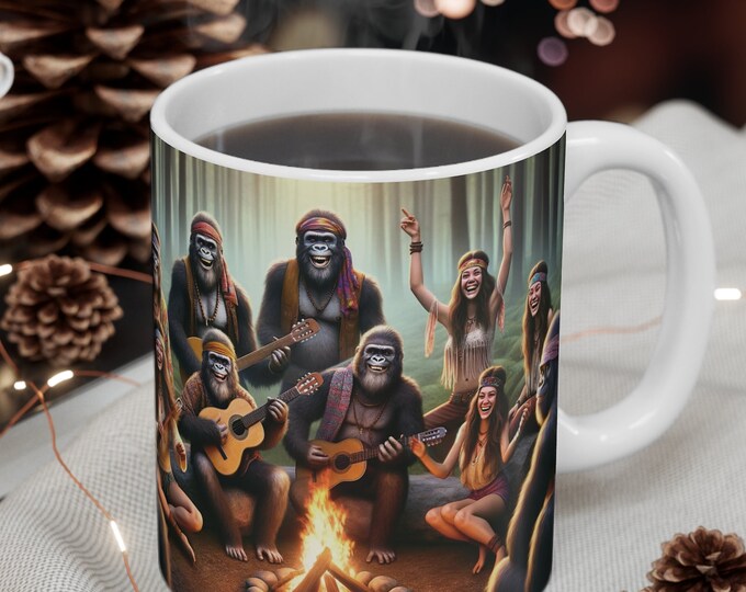Gorilla Campfire Mug – Funny Music Coffee Cup with Hippie Style