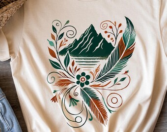 T-shirt fleuri montagne - T-shirt à imprimé bohème nature pour femme