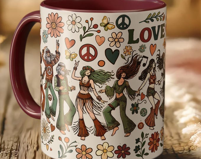Boho Hippie Dancing Mug – 70s Retro Flower Power Cup
