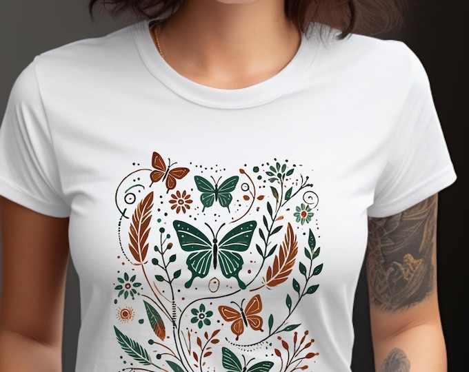 Butterfly T-Shirt for Women – Boho Nature Graphic Tee, Floral Botanical Shirt