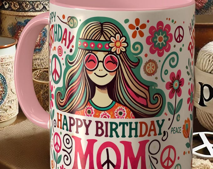 Hippie Mom Mug – Groovy Boho Mama Gift, Retro Floral Peace Sign Coffee Cup