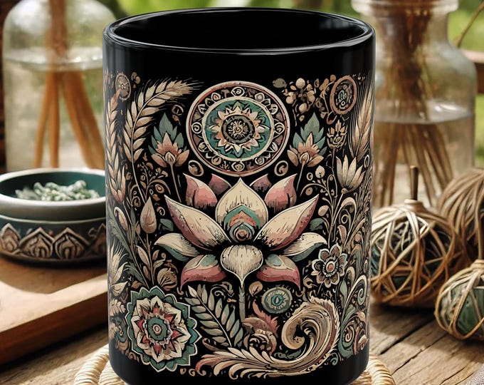 Lotus Mandala Mug – Boho Floral Coffee Cup, Black Folk Art Lotus Flower