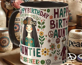 Happy Birthday Aunt Mug – Boho Floral Peace Sign Gift Cup