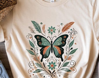 Camiseta Boho Butterfly – Camiseta vintage con estampado floral de la naturaleza para mujer