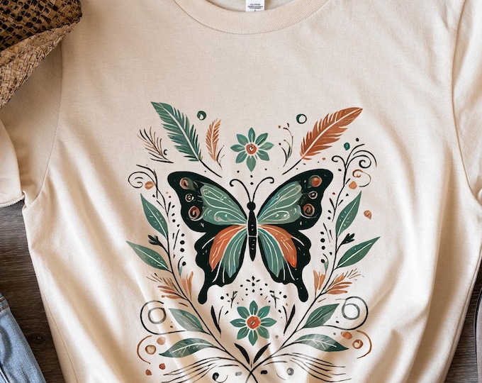 Boho Butterfly T-Shirt – Vintage Floral Nature Graphic Tee for Women