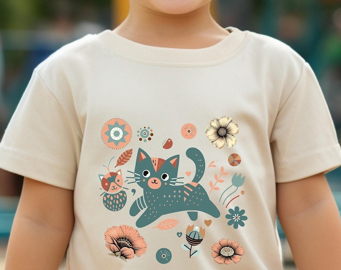 Toddler Cat T-Shirt – Floral Graphic Tee for Kids