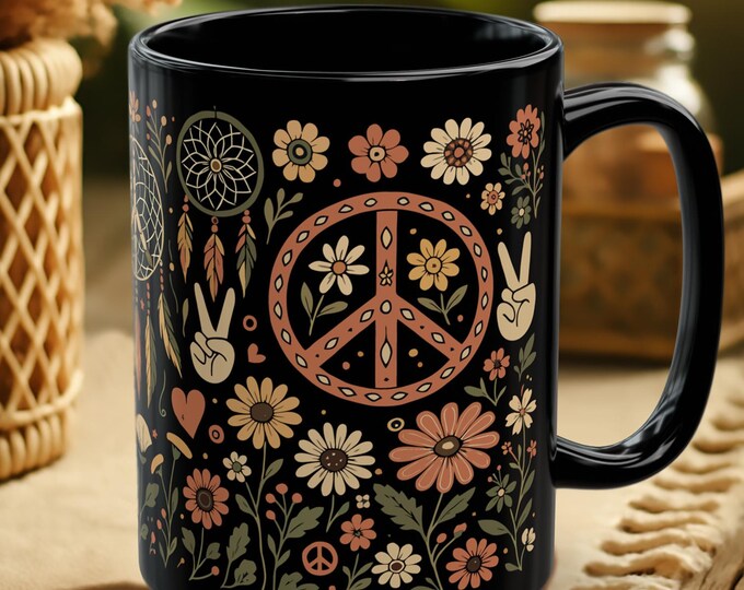Boho Floral Black Mug – Hippie Peace Sign Coffee Cup with Nature Art