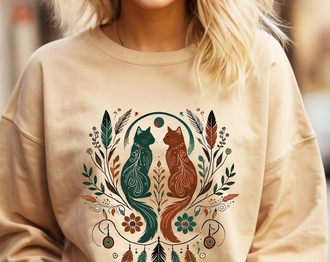 Boho Cat Sweatshirt – Botanical Nature Crewneck for Women