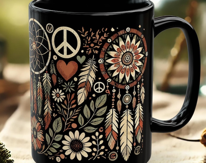 Black Boho Mug – Hippie Floral Coffee Cup with Peace Sign Design