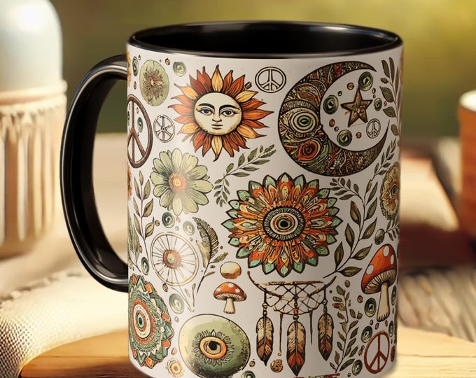 Celestial Sun and Moon Mug – Boho Mandala Coffee Cup with Floral Art