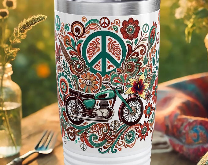 Boho Motorcycle Tumbler – Retro Peace Sign Travel Mug with Floral Art